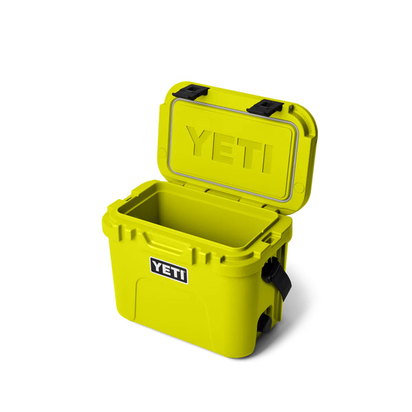 Firefly Yellow | YETI Roadie 15 Hard Cooler Image Showing Angled Side View, Lid Up.