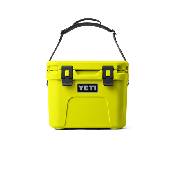 Firefly Yellow | YETI Roadie 15 Hard Cooler Image Showing Front View, Lid Open.