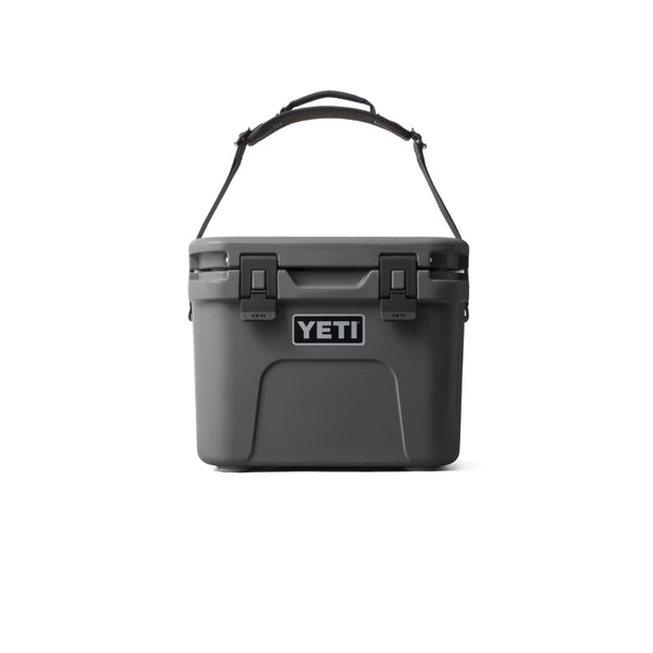 Charcoal | YETI Roadie 15 Hard Cooler Image Showing Front View With Handle Up.