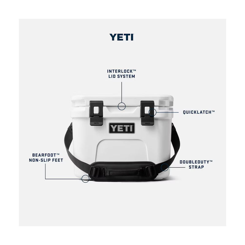 White | YETI Roadie 15 Hard Cooler Image Showing Some Features Of The Cooler.