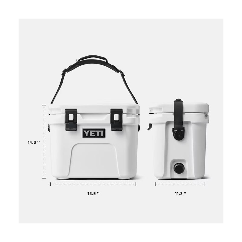 White | YETI Roadie 15 Hard Cooler Image Showing External Dimensions In Inches.