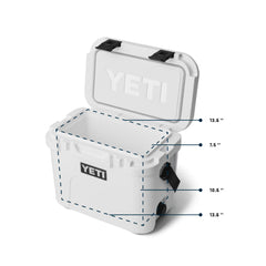 White | YETI Roadie 15 Hard Cooler Image Showing Internal Dimensions In Inches.