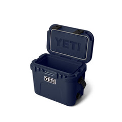 Navy | YETI Roadie 15 Image Showing Angled Side View, With The Lid Up.