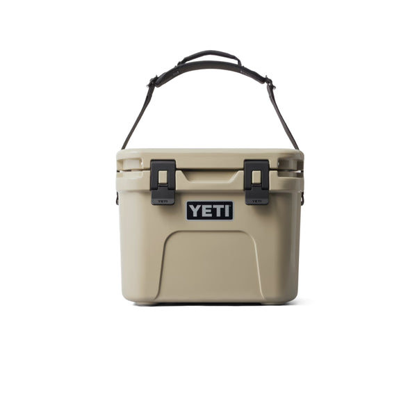 Tan | YETI Roadie 15 Hard Cooler Image Showing Front View, Handle Up.