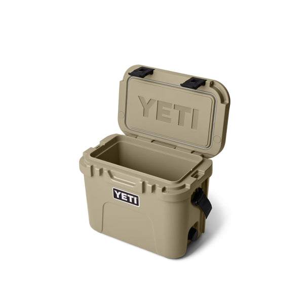 Tan | YETI Roadie 15 Hard Cooler Image Showing Angled Side View, Lid Up.
