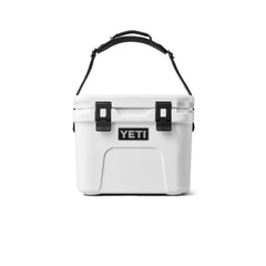 White | YETI Roadie 15 Hard Cooler Image Showing Front View, With Handle Up.