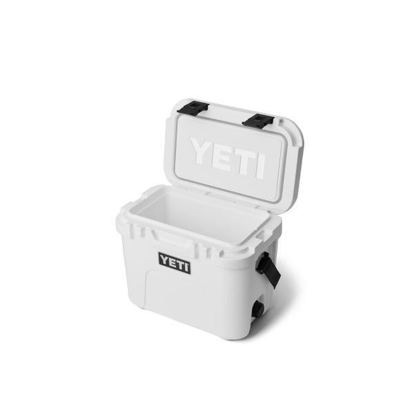 White | YETI Roadie 15 Hard Cooler Image Showing Angled Side view With Lid Open.
