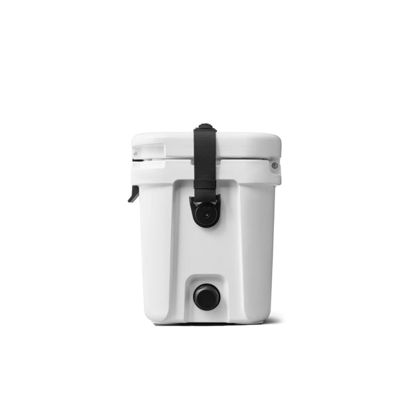 White | YETI Roadie 15 Hard Cooler Image Showing Side View, Lid Closed.