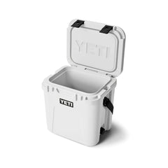 White | YETI Roadie 24 Hard Cooler 2.0 mage Showing Angled Front View, With Lid Up.