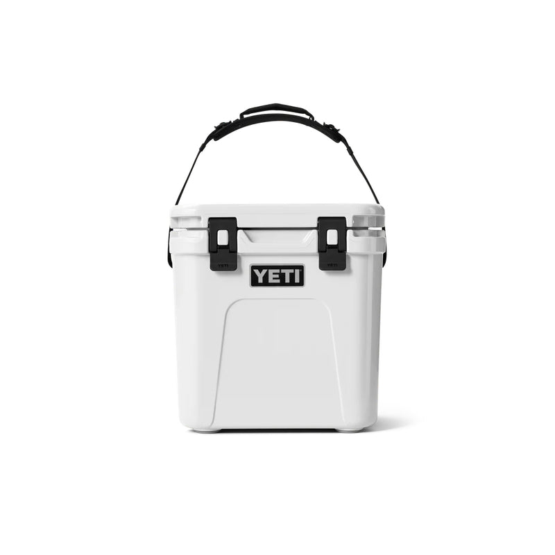 White | YETI Roadie 24 Hard Cooler 2.0 Image Showing Front View Handle Up.