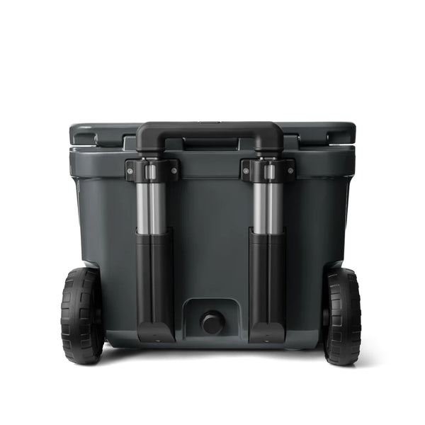 Charcoal | YETI Roadie 32 Wheeled Hard Cooler Image Showing Back View Handle And Lid Down.