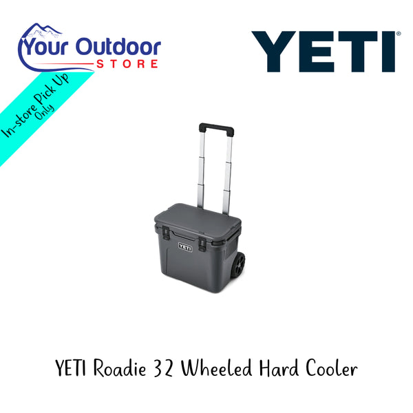 YETI Roadie 32 Wheeled Hard Cooler | Hero Image Showing All Logos And Titles.