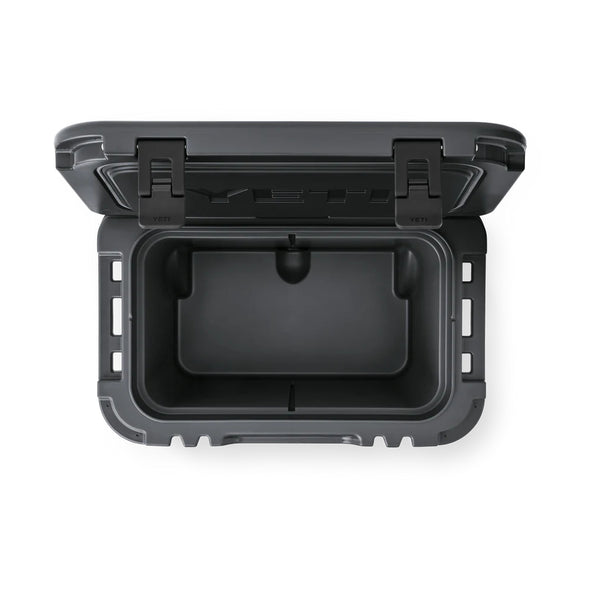 Charcoal | YETI Roadie 32 Wheeled Hard Cooler Image Showing Top View, Lid Open.