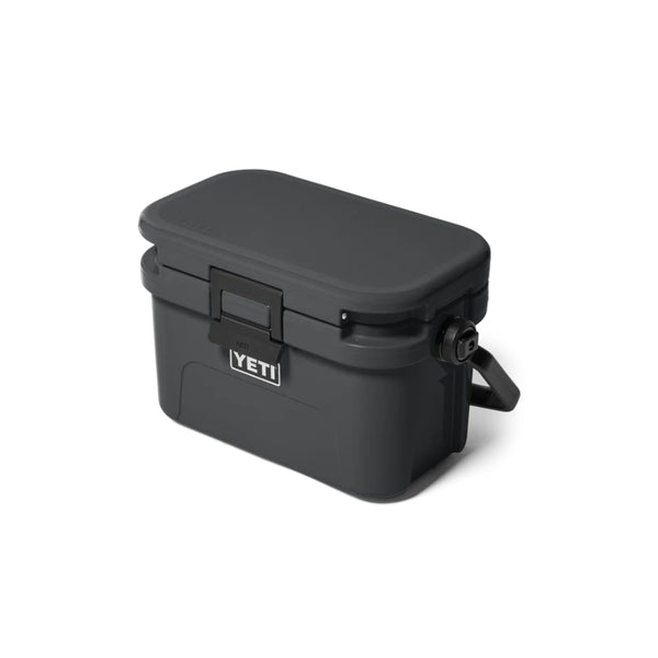 Charcoal | YETI Roadie 8 Image Showing Angled Top View, Lid And Handle Down.