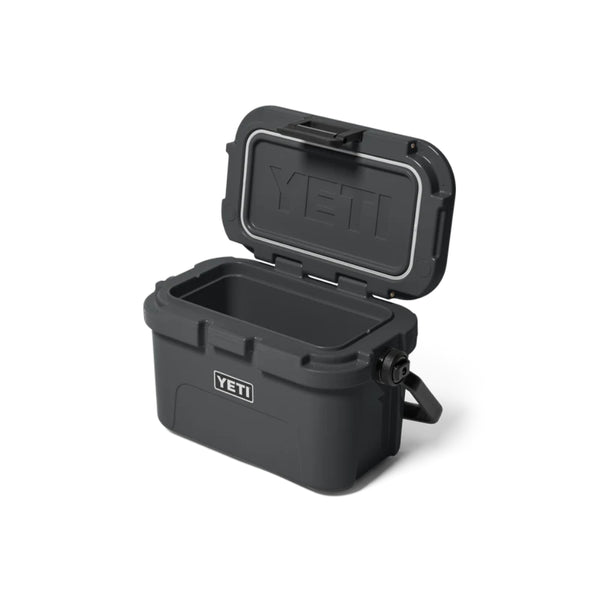 Charcoal | YETI Roadie 8 Image Showing Angled Front View, Lid Up.