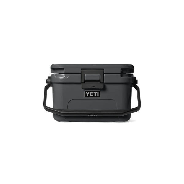 Charcoal | YETI Roadie 8 Image Showing Front View, Handle And Lid Down.