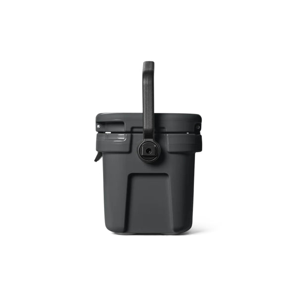 Charcoal | YETI Roadie 8 Image Showing Side View Handle Up, Lid Down.