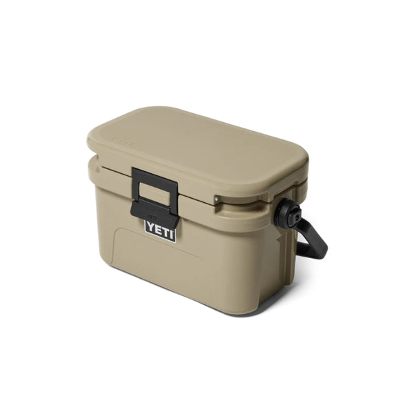 Tan | YETI Roadie 8 Image Showing Angled Side View, Lid And Handle Down.
