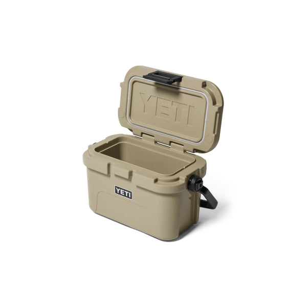 Tan | YETI Roadie 8 Image Showing Angled Front View With Lid Up.