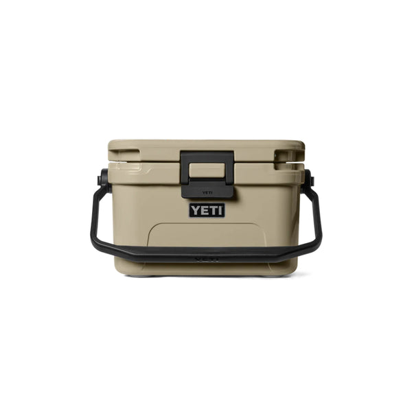 Tan | YETI Roadie 8 Image Showing Front View, Handle And Lid Down.
