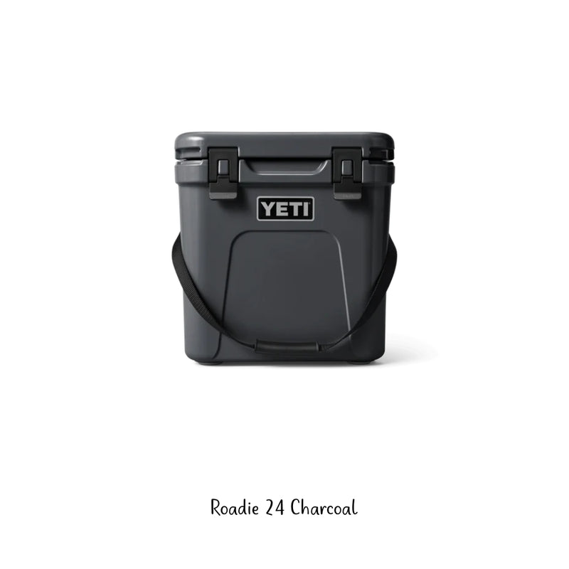 Yeti Roadie Hard Cooler | 24 Charcoal Image Showing No Logos Or Titles, Handle Down.