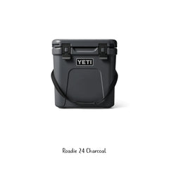 Yeti Roadie Hard Cooler | 24 Charcoal Image Showing No Logos Or Titles, Handle Down.