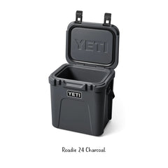 Yeti Roadie Hard Cooler | 24 Charcoal Image Showing No Logos Or Titles, Lid Open.