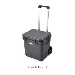 Charcoal | YETI Roadie 48 Hard Cooler Image Showing Angles Front View Lid Down, Handle Up.