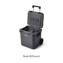 Charcoal | YETI Roadie 48 Hard Cooler Image Showing Angled Front View Lid And Handle Both Up.