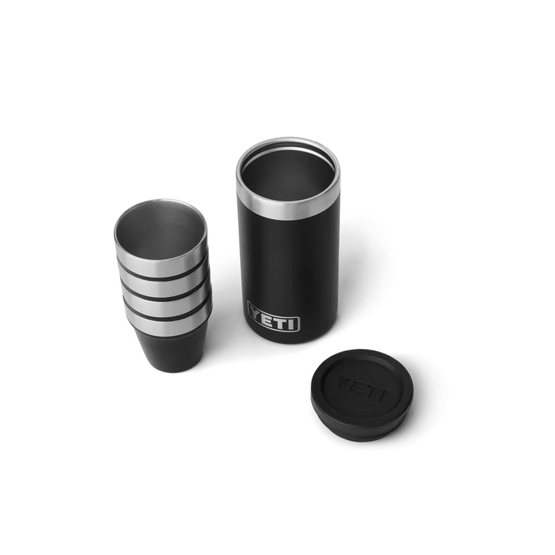 Black | YETI Shot Glasses With Carry Case Image Showing Shot Glasses Out Of Case, Lid Off Case, Top View.