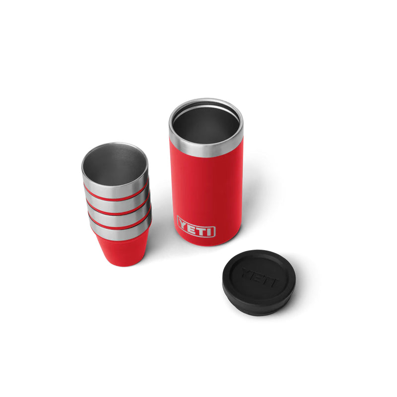 Rescue Red | YETI Shot Glasses With Carry Case Image Sowing Top View Of Case, Lid Off And Shot Glasses Out Of Case.