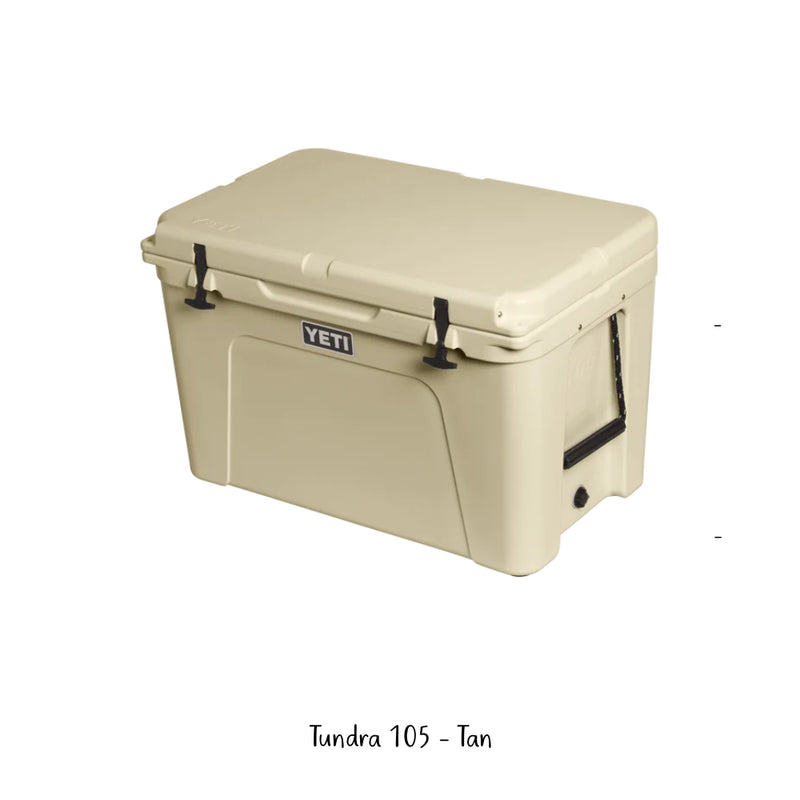 Tan | YETI 105 Tundra Hard Cooler. Angled Front View. 