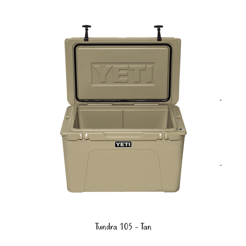 Tan | YETI 105 Tundra Hard Cooler. Shown Open.
