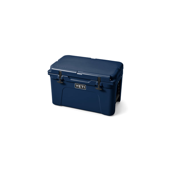 Navy / 45 | YETI Tundra Hard Cooler Image Showing Angled Front View, Lid Down.