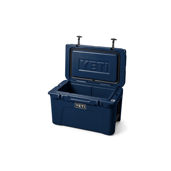 Navy / 45 | YETI Tundra Hard Cooler Image Showing Angled Top View, Lid Open.