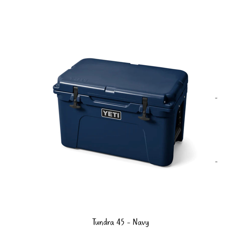 Navy | YETI 45 Tundra Hard Cooler. Angled Front View - Closed. 