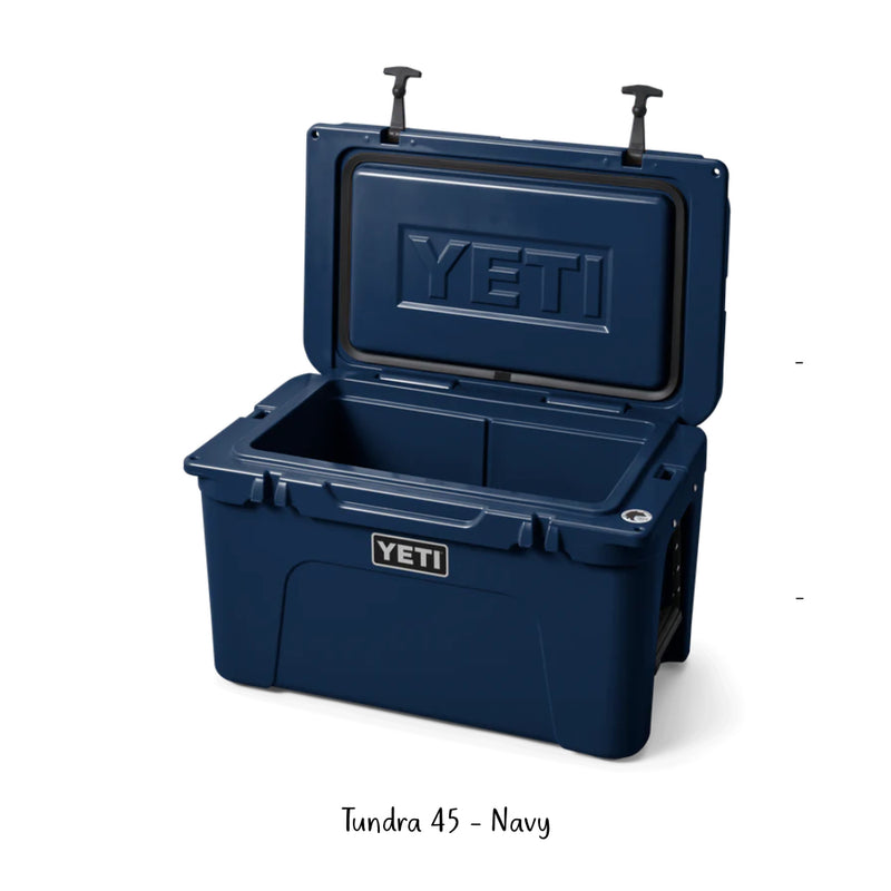 Navy | YETI 45 Tundra Hard Cooler. Shown Open.