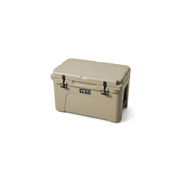 Tan / 45 | YETI Tundra Hard Cooler Image Showing Angled Front View, Lid Closed.