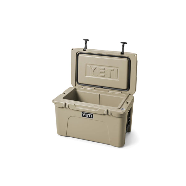 Tan / 45 | YETI Tundra Hard Cooler Image Showing Angled Front View, Lid Up.