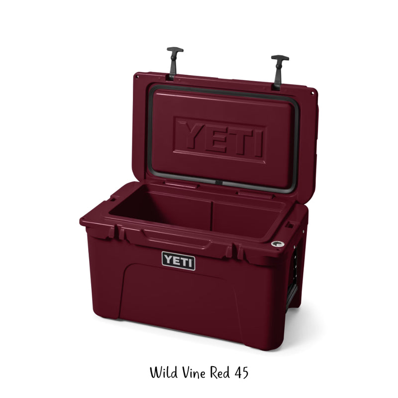 Wild Vine Red | YETI Tundra 45 Hard Cooler Image Showing Angled Front View, With Lid Up.