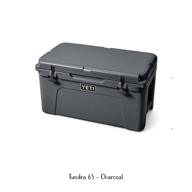 Charcoal | YETI 65 Tundra Hard Cooler. Angled Front View. 