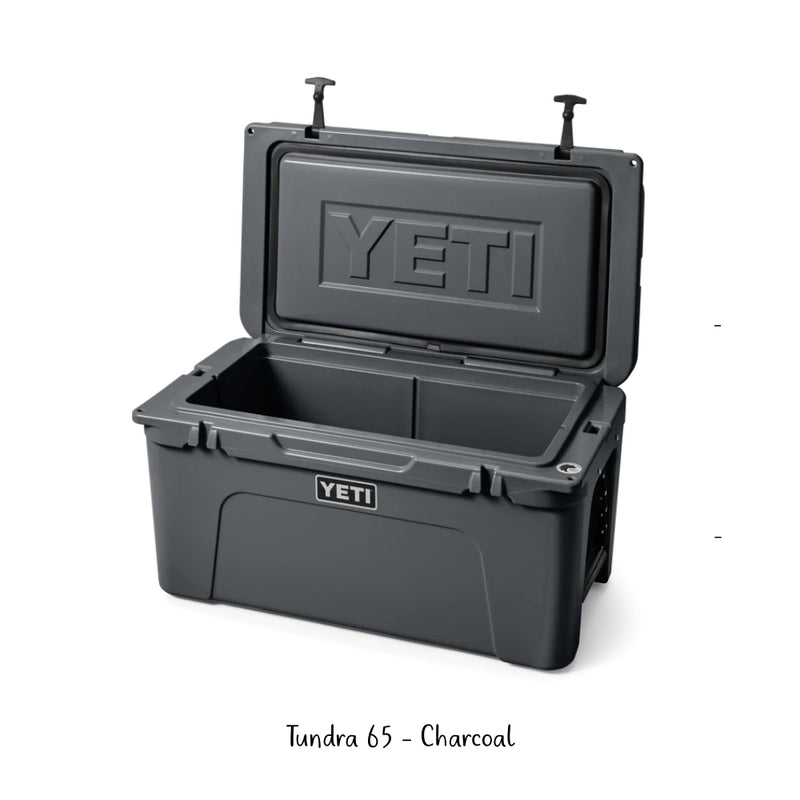 Charcoal | YETI 65 Tundra Hard Cooler. Shown Open.