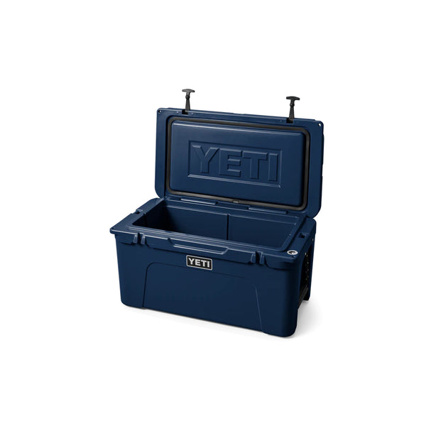 Navy / 65 | YETI Tundra Hard Cooler Image Showing Angled Front View, Lid Up.