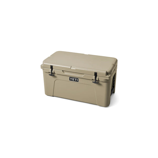 Tan / 65 | YETI Tundra Hard Cooler Image Showing Angled Front View, Lid Closed.