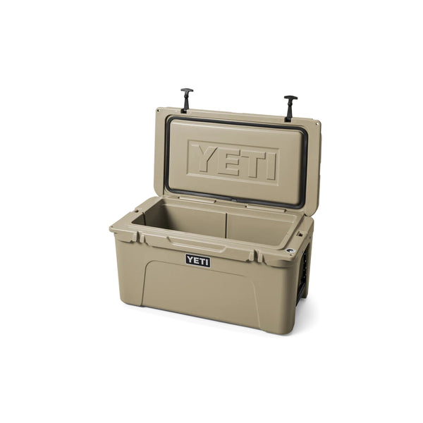Tan / 65 | YETI Tundra Hard Cooler Image Showing Angled Front View, Lid Open.