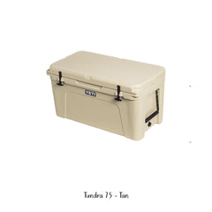 Tan | YETI 75 Tundra Hard Cooler. Angled Front View. 