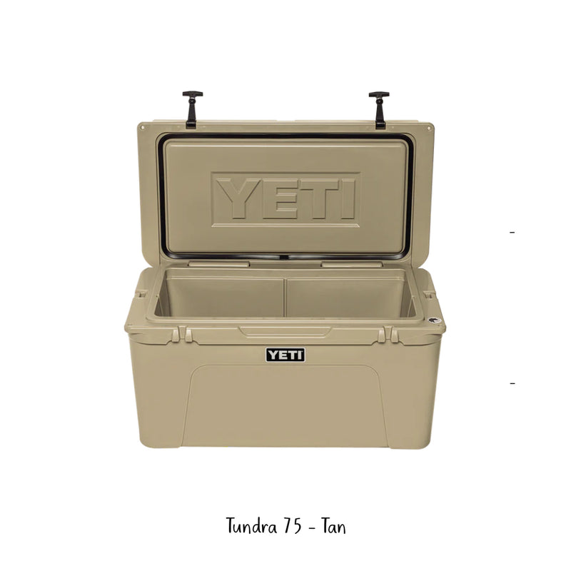 Tan | YETI 75 Tundra Hard Cooler. Shown Open.