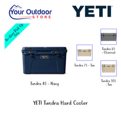YETI Tundra Hard Cooler. Hero Image Showing Variants, Logos and Title. 