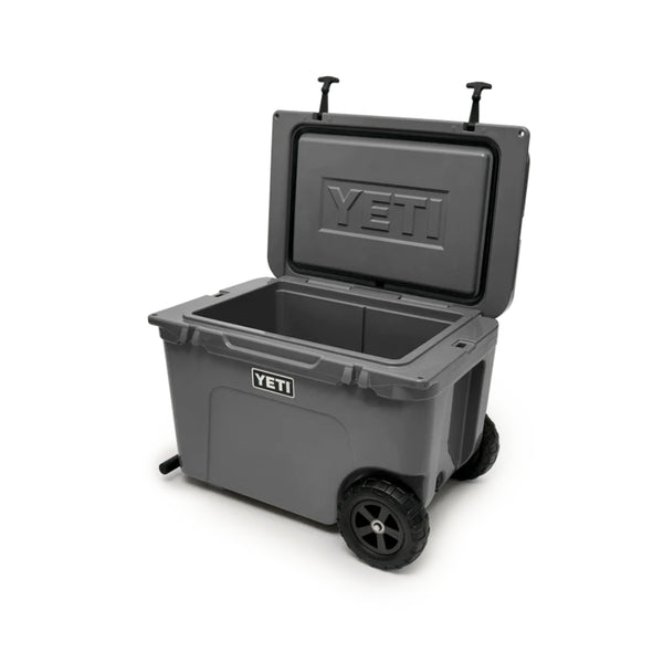 Charcoal | YETI Tundra Haul Wheeled Cooler Image Showing Angled Front View, Lid Up.