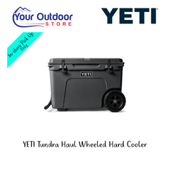 YETI Tundra Haul Wheeled Hard Cooler. Hero Image Showing Logos and Title. 